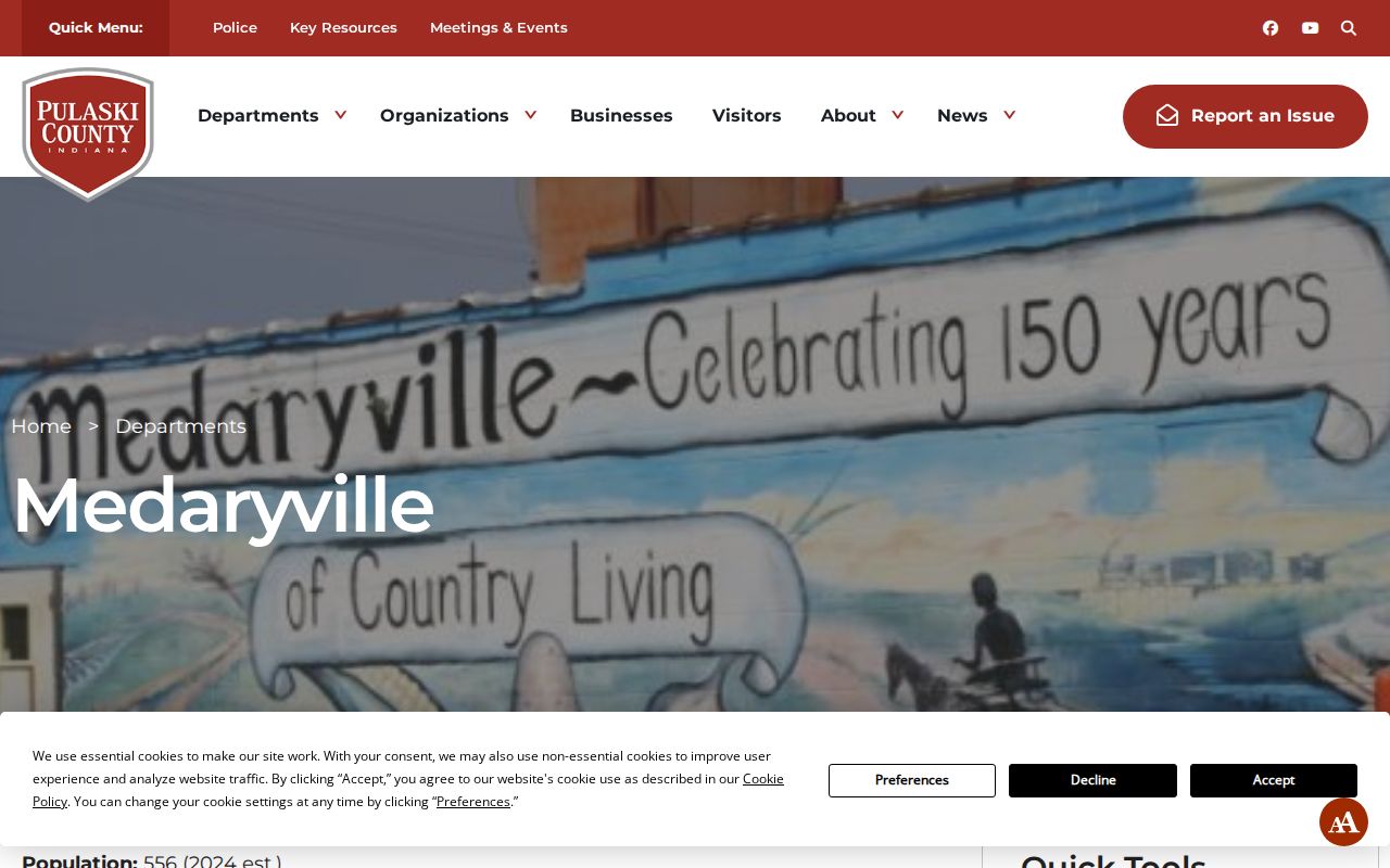 Official Medaryville town page with population, town hall, and civic history