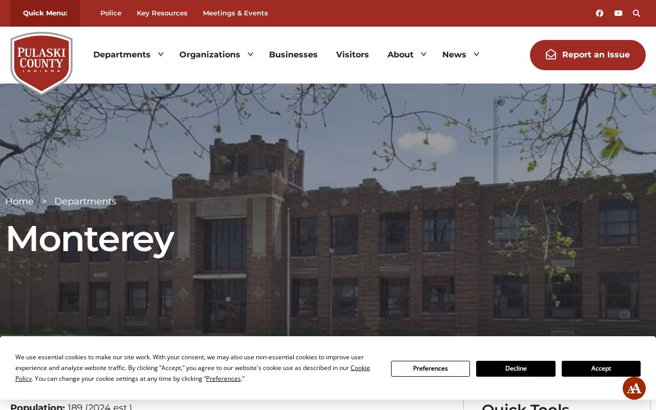 Official Monterey town page with town hall, population, and civic information