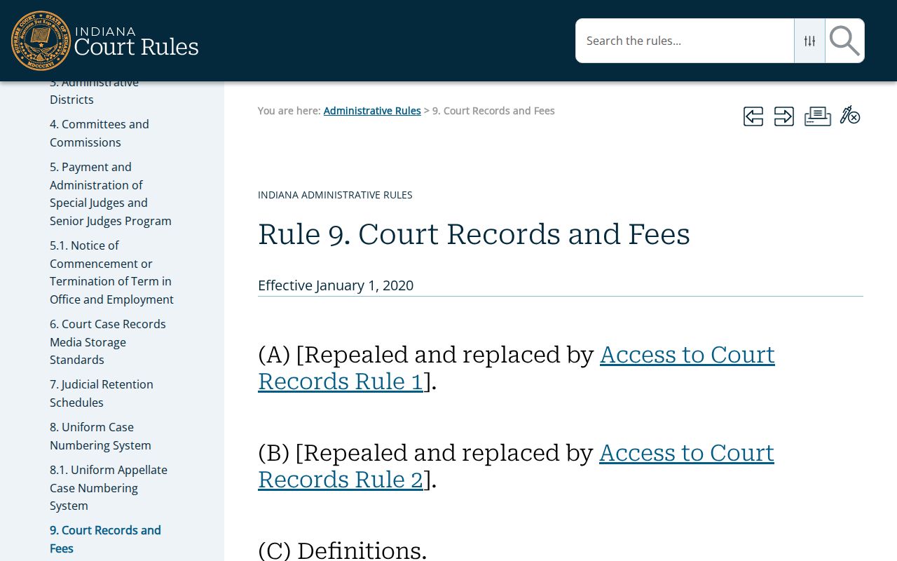 Pulaski County court calendar access under Indiana Administrative Rule 9