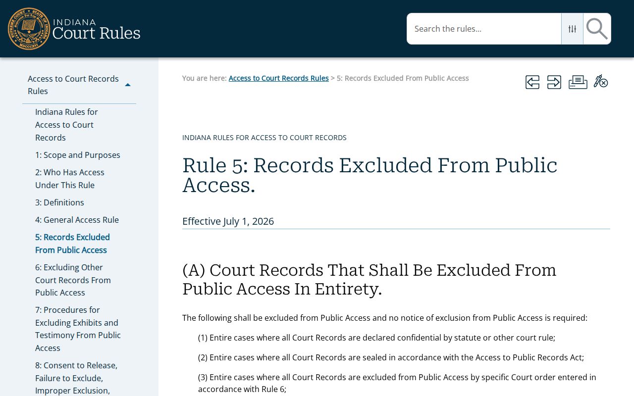 Indiana Access to Court Records Rule 5 exclusions