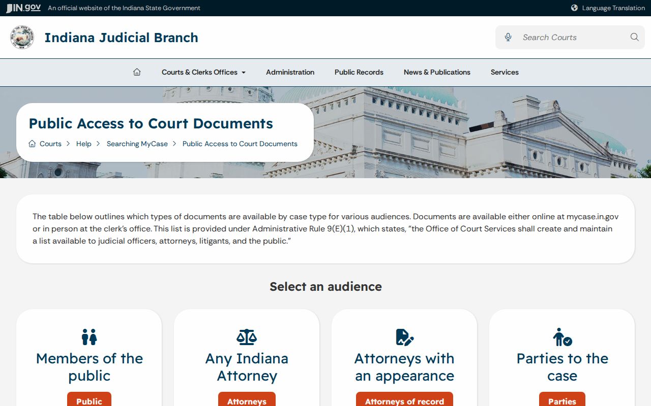 Indiana MyCase public access matrix for criminal documents