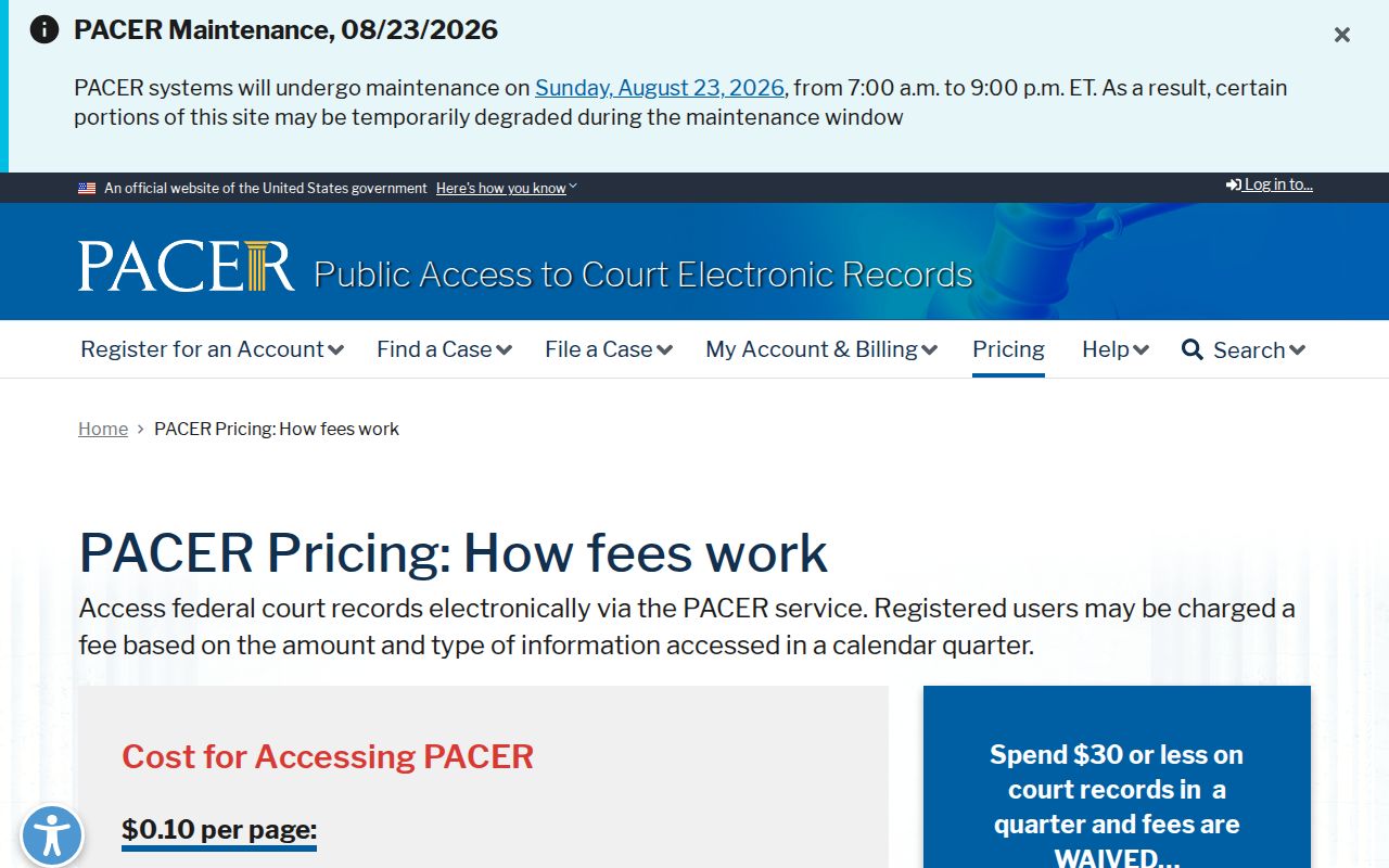 PACER federal court record pricing page