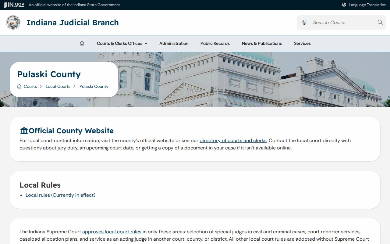 Indiana Judicial Branch page for Pulaski County courts